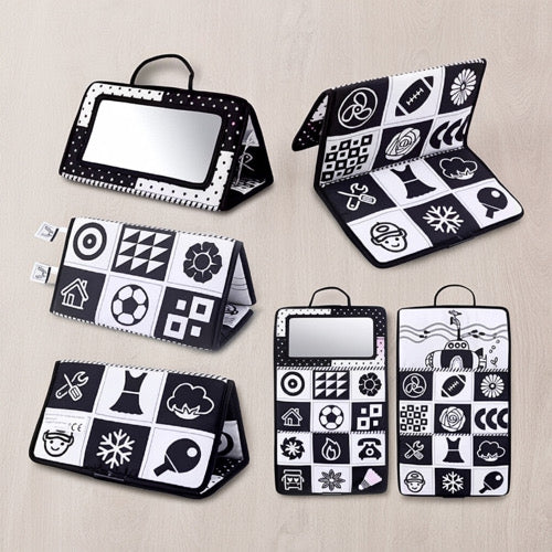 Baby-Sehschulungs-Aktivitätsspielzeug – Faltbares Sensorik-Hängebuch mit Spiegel & Lernseiten