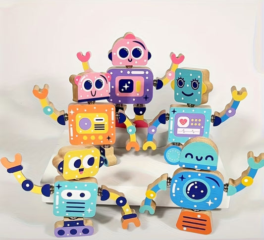 Set aus 5 Holzspielzeug-Robotern, Bauspielzeug, pädagogische bewegliche Roboterspielzeuge, Geburtstagsgeschenk