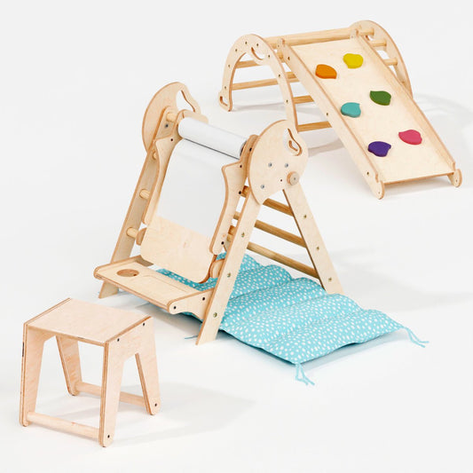 Montessori 4in1 Kletterdreieck für Babys: Pikler-Dreieck, Kletterbogen, Rutschbrett und Kissen für Kleinkinder (1–3 Jahre)