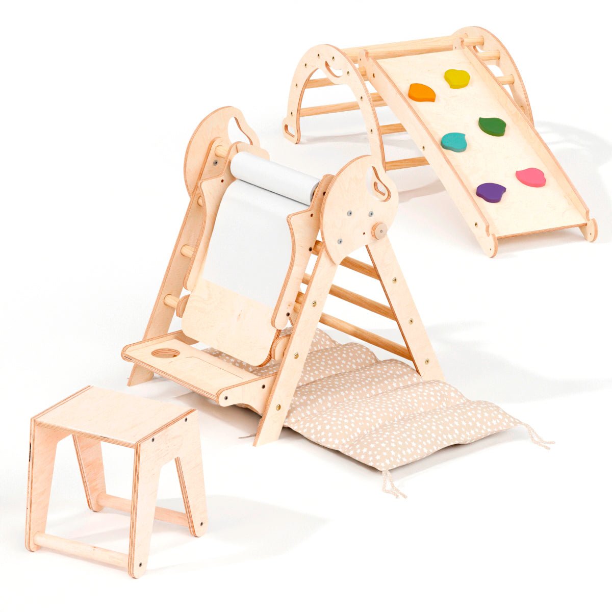 Montessori 4in1 Kletterdreieck für Babys: Pikler-Dreieck, Kletterbogen, Rutschbrett und Kissen für Kleinkinder (1–3 Jahre)