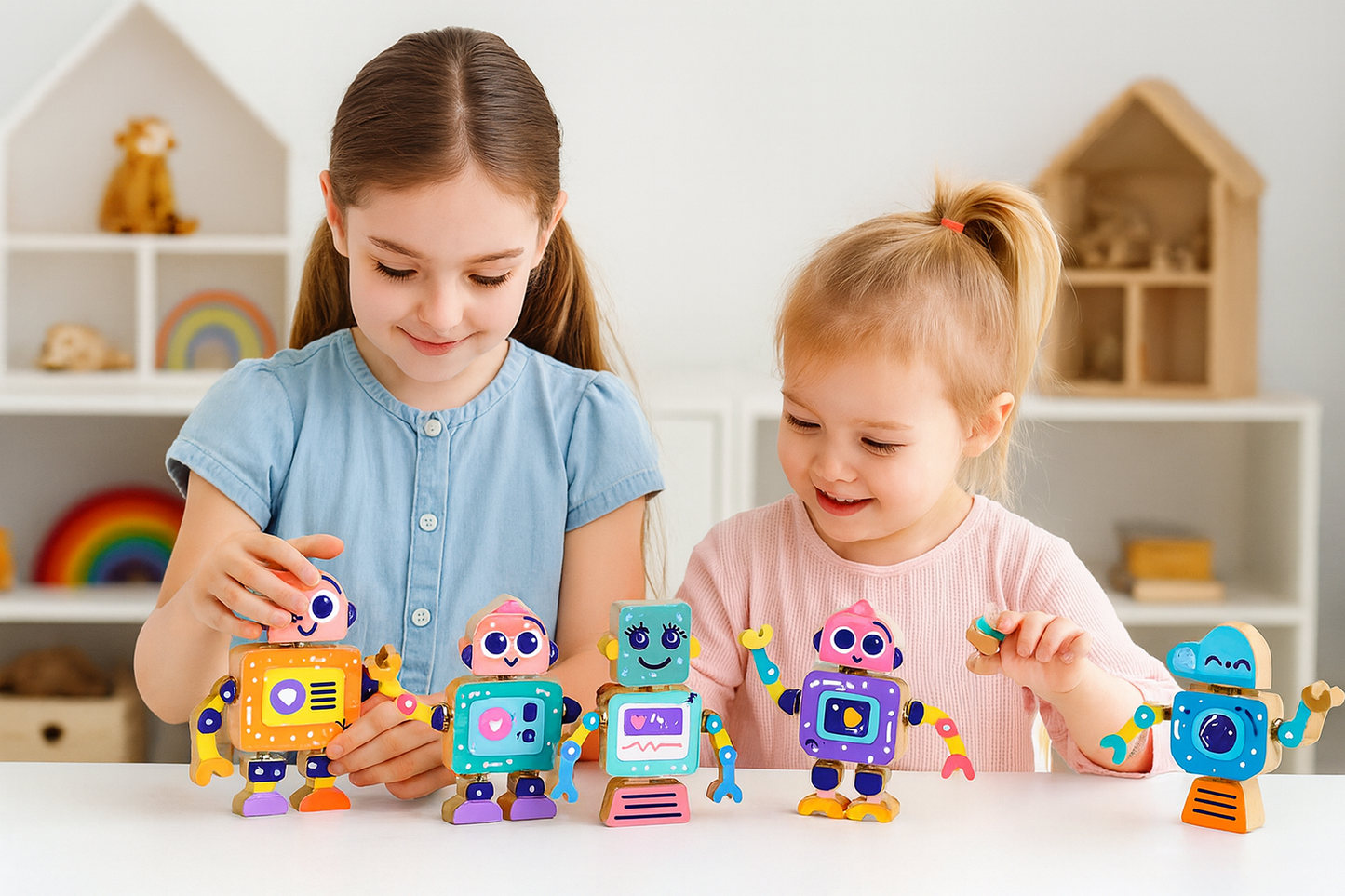 Set aus 5 Holzspielzeug-Robotern, Bauspielzeug, pädagogische bewegliche Roboterspielzeuge, Geburtstagsgeschenk