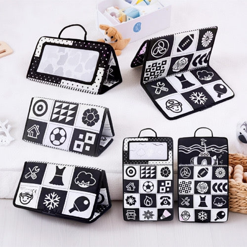 Baby-Sehschulungs-Aktivitätsspielzeug – Faltbares Sensorik-Hängebuch mit Spiegel & Lernseiten