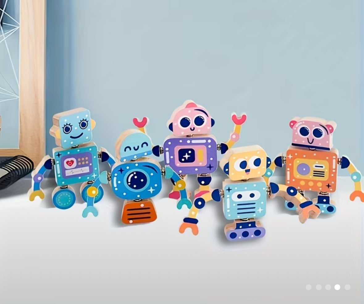 Set aus 5 Holzspielzeug-Robotern, Bauspielzeug, pädagogische bewegliche Roboterspielzeuge, Geburtstagsgeschenk