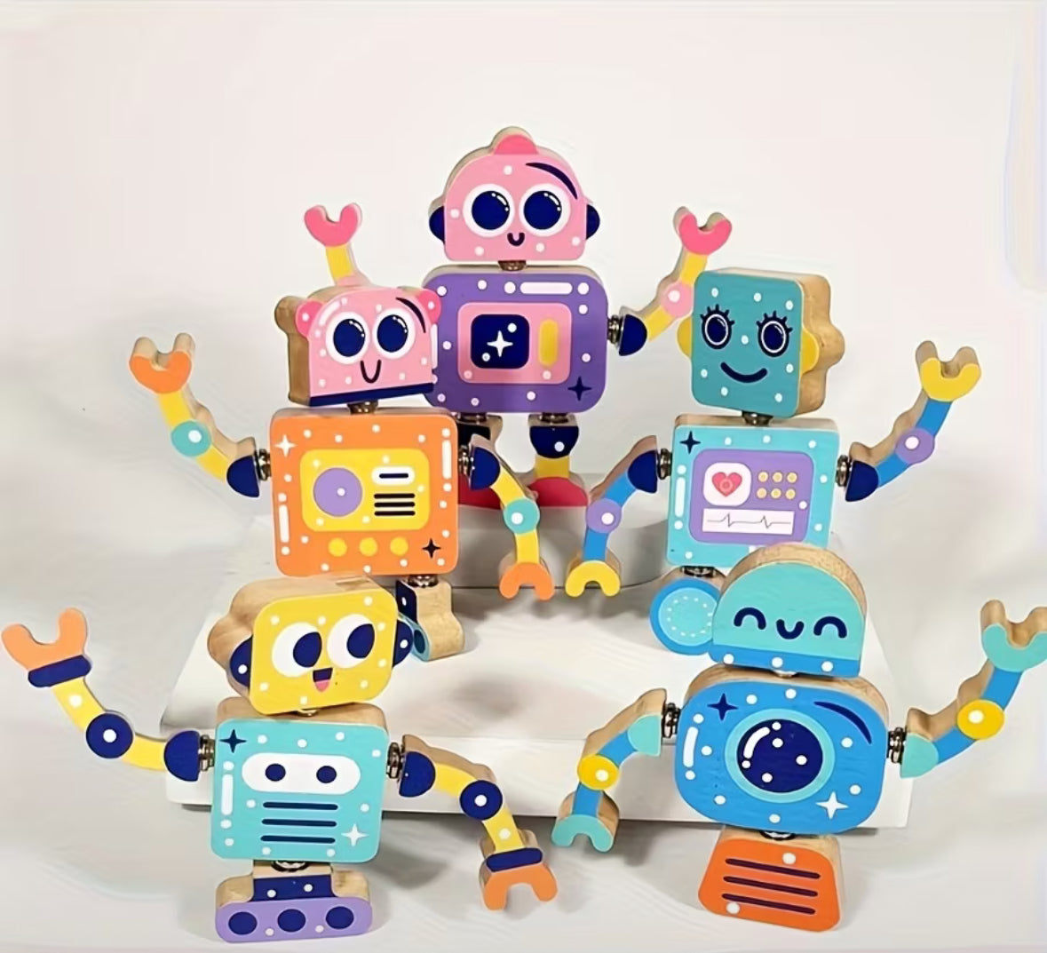 Set aus 5 Holzspielzeug-Robotern, Bauspielzeug, pädagogische bewegliche Roboterspielzeuge, Geburtstagsgeschenk